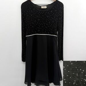 Vintage 90s CDC Whimsygoth Celestial‎ Long Sleeve Dress in Black Silver Size 10